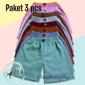 PAKET 3 PCS CELANA PENDEK ANAK PEREMPUAN CRINKLE HOTPANTS BAWAHAN