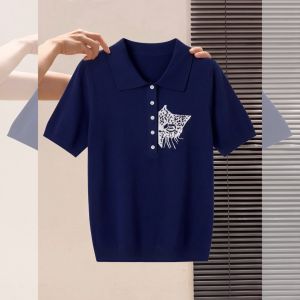 Navy Blue Embroidered Polo Collar Short Sleeve T Shirt