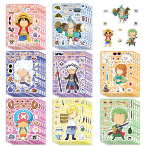 Bandai | 8/16Sheets One Piece Luffy Children Puzzle Stickers Make-a-Face Assemble Cartoon Game Assemble Jigsaw Children Gift