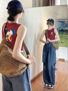 Dopamine Sweet Cool Wine Red Vest Camisole Female Summer Childlike Style Print Silm Short Outer Wear Sleeveless Tops