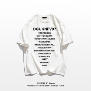 เสื้อยืดคอกลมแขนสั้นผ้าฝ้ายแท้สีขาวสำหรับผู้ชายในช่วงฤดูร้อน ทรงหลวมสบายๆ พร้อมลายตัวอักษร แฟชั่นสตรีทสไตล์อเมริกัน