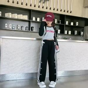 New Casual Pants for Kids Girl 7-16years Loose Pants Gray Black Color Straight Leg Pants Baggy Pants Wide Leg Trousers Sports Bow Design Fashion Trend Cotton Pants