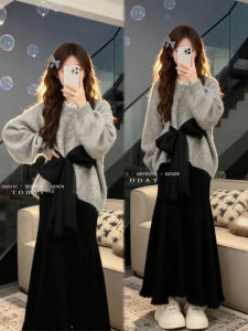 XUECAIQI | Gentle Grey Knit Outfit Set With Bow