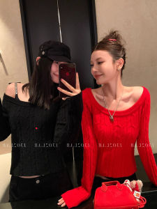 Christmas Red Twist Knit Sweater Womens Winter French Style round Neck Large Knitted Top Shoulder Bared New Years Fashion