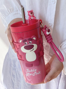 Adorable Strawberry Bear Straw Insulated Water Bottle 650ml Stainless Steel: A Coffee Cooling Portable Travel Mug