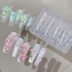 2Pcs/set 3D Lily Flowers Silicone Nail Art Mold&Carving Pen Cherry Blossom Nails Template 5.8*4cm DIY Manicure Embossing Tools &