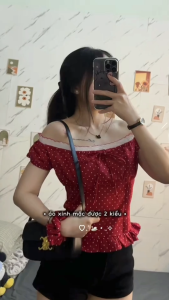 Áo chấm bi phối ren mặc được hai kiểu Áo kiểu nữ ngắn tay [tặng kem cột tóc] Lucky Clothing 6119