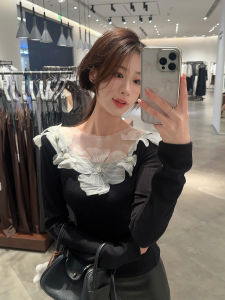 GUZILIAN | Elegant French Design Pearl Flower Waist Cinching Slim Long Sleeve T-Shirt Women Early Autumn Pure Desire Niche Inner Wear Top
