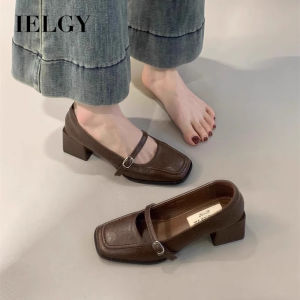 IELGY Retro square toe high heels womens elegant thick heel Mary Jane leather shoes