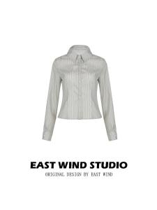 EAST WIND Casual Striped Polo Collar Shirt Women Slim Fit Street Style Long Sleeve Short Length Polyester Outerwear Top