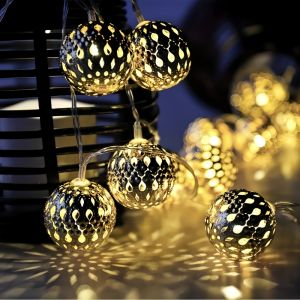 10/20LED Moroccan Metal Ball LED String Lights Battery Powered Gold Cutout Globe Fairy Lights for Indoor Bedroom Wedding Decor