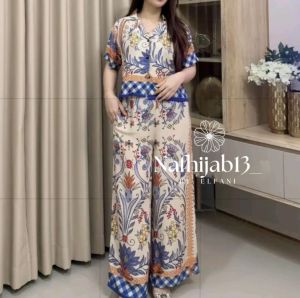 El Fani Store - Oneset Crop Setelan Celana Kulot Hightwaist / Dress Motif Bunga Rayon Premium