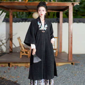 New Chinese Style Hanfu Woolen Coat Female Long Shirt with Horse Tailed Skirt Autumn Winter Traditional Culture Straight Cut