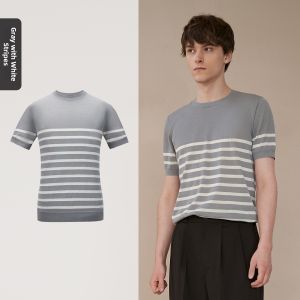 Men Short Sleeve T-Shirt Knitted Round Neck Stripe Gray Summer