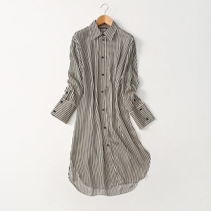 Glossy Satin Long Sleeve Chiffon Dress Fashionable Vertical Stripe Shirt Dress Long Size Large Womens Casual Loose Fit Polyester