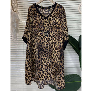 Summer New Casual Fashion Leopard Print Large Hanfu Long Robe K-style plus Size Extra Large V-neck Loose Slim Fit Batwing Sleeve Skirt