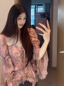 Áo Sơ Mi Voan Họa Tiết Hoa Không Đều Phong Cách Hàn Quốc Dành Cho Nữ Tay Áo Phồng Thiết Kế Thu Đông Thời Trang Áo Sơ Mi Nữ