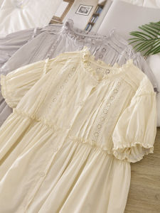 Sweet Embroidered Hollow out Short Sleeve Dress Stand Collar Slimming Fresh Long Skirt Women Summer New Style Forest System