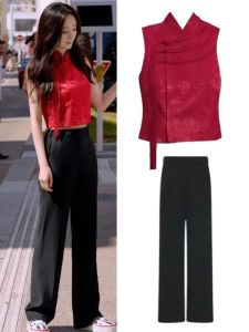 New Chinese Style Red Lace Trim Embroidered Sleeveless Qipao Vest Womens Summer Shirt Fashionable Slim Fit French Style