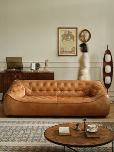 American Luxury Retro Bean Bag Sofa Full Oil Wax Leather Mid-Century Style Small Living Room Straight Row Three-Seater Genuine Leather