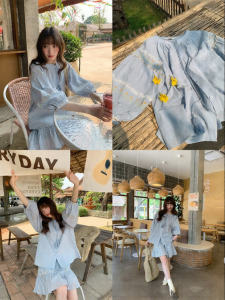 NIHAOKANONG | Bộ Váy Tay Ngắn Thiết Kế Hoa Xanh Elegance