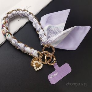 Elegant Womens Short Mobile Phone Lanyard with Silk Scarf Handle Keychain High-End Fashion Lightweight Luxury Phone Case Cover Anti-Loss Alloy Chain Accessory