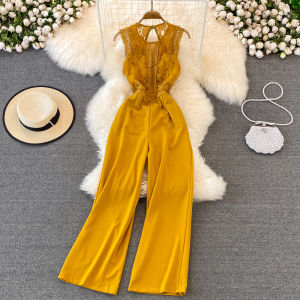 Summer Casual Wide Leg Pants One Piece Womens Fashion High Waist Lace Splicing Draping Slimming Long Trousers Trendy