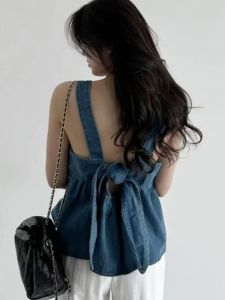 Retro Chic Summer Off-Shoulder Denim Wrap Vest Loose Butterfly Knot Backless Top Womens Outerwear Cotton Straight Cut Short