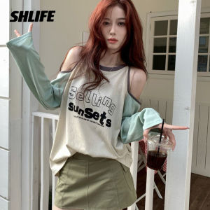 SHLIFE Sweet T-shirt Plus Size off Shoulder Slim  Contrasting Printed Letter Versatile Slimming Sun Protection Design Niche Top for Women