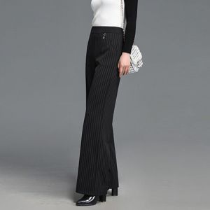 กางเกงขายาวทรงตรงลายทางสีดำ ทรงหลวม ยืดหยุ่น สำหรับคุณแม่ ฤดูใบไม้ผลิและฤดูใบไม้ร่วง แฟชั่นผู้หญิง