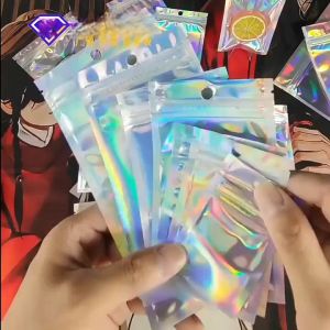 ถุงซิปโฮโลแกรม หน้าใส ก้นแบนมีรูเจาะ แพ็ค 100 ใบ