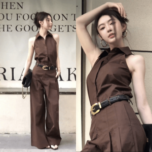 Salt Series Summer Fashion Slimming Sleeveless Shirt And Wide Leg Pants Two Piece Set Womens Clothing Polyester Fiber 100%