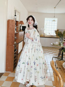 Sweet Floral Print Loose Womens Dress Korean Style Summer New Gentle Big Swing Skirt A-Line Gown Commute Pocket Elastic Waist