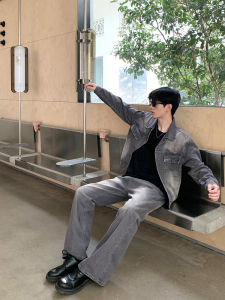 Retro Washed Denim Set Loose Casual Jacket Flared Jeans Two Piece Set for Men Youth Fashion Autumn Long Sleeve Long Pants