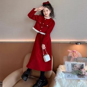 ชุดเดรสเด็กผู้หญิง ชุดเด็ก ชุดปีใหม่ สีแดง ชุดเด็กผู้หญิง เสื้อผ้าเด็ก สวมใส่ไปงานวันเกิดในฤดูใบไม้ร่วงและฤดูหนาว