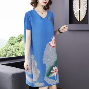 Summer Womens Pleated A-Line Midi Dress Short Sleeve Floral Print Commute Style round Neck Korean Fashion Slimming Dress