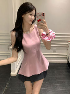 Áo Vest Dây Thắt Nơ Màu Hồng Kiểu Pháp Cho Nữ Mùa Hè Thiết Kế Mới Ôm Vừa Vặn Eo Cao Áo Thun Cotton Thường Ngày