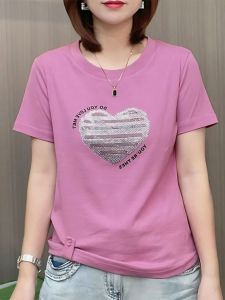 เสื้อยืดคอกลมแขนสั้นผ้าฝ้ายแท้สำหรับผู้หญิง ฤดูร้อน 2025 แฟชั่นใหม่ เสื้อผ้าคุณแม่ ลดอายุ ประดับเพชร ลายหัวใจ เสื้อผ้าทำงานสไตล์เกาหลี