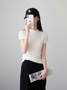 Elastic Thread Cotton Short Sleeve T-Shirt Womens Outerwear Slim Fit round Neck Half Sleeve Shoulder Drop Base Shirt Top