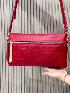 CH | CH Vintage Red PU Leather Crossbody Bag Embossed CH Letter Double Zipper Shoulder Handbag For Retro Outfits