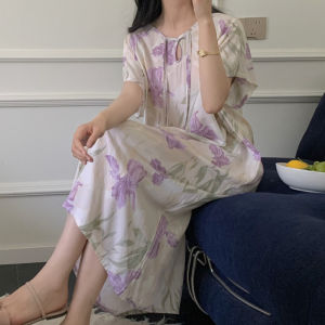 Cotton Silk Sleepwear Dress for Women Summer Style Retro Printed Viscose Fabric Mid to Long Length with Short Sleeves