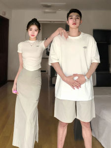 Summer Couple Outfit Short Sleeve Two-Piece Set French Style One Top One Skirt High Waist Irregular Hem Korean Fashion