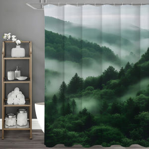 ต้นไม้ป่าสีเขียวหมอกผ้าม่านห้องน้ําตกแต่งผ้าม่านผ้าม่านกันน้ําพร้อมตะขอ