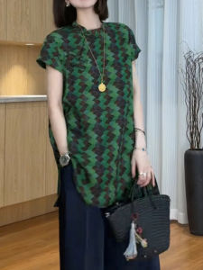 Shalldoer | Casual Style Plaid Short Sleeve T-Shirt Womens Summer New Chinese Style Button Up Top Minimalist Design Sensation