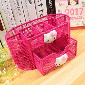 Cute Multi-Functional Metal Grid Large Pen Holder Creative Combination Office Stationery Storage Box Cosmetic Brush Organizer
