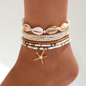 Bộ Trang Sức Mắt Cá Chân Nhiều Lớp Phong Cách Bohemian 7 Món Mặt Dây Chuyền Hình Sao Biển Làm Từ Hợp Kim Kẽm Dành Cho Nữ Thời Trang Mùa Hè Đi Biển