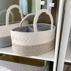Baby Diaper Caddy Organizer Portable Nursery Storage Basket with Changeable Compartments 100% Cotton Woven Rope Baskets Car & Changing Table Tote Newborn Gift