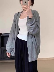 Gray Knitted Open Cardigan Womens Spring Large Size Loose Outerwear Mid-Length V-Neck Sweater Comfortable Korean Style