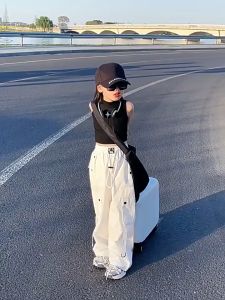 5-16Y Cargo Pants for Kids Girls 4pocket High Waist Wide-leg Loose Pants Drawstring Jogging Pants for kids Girl Street Style