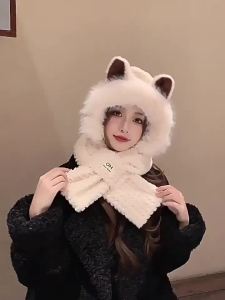 Hearing Protection Plush Integrated Scarf Hat for Women Thickened Warm Ear Protective Design for Autumn Winter Cycling